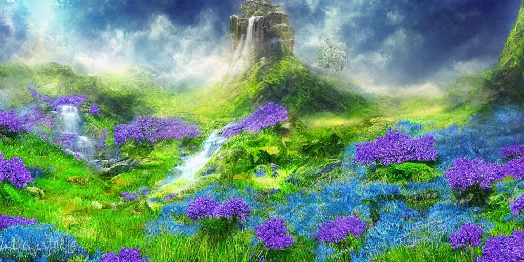 Prompt: a fantasy meadow landscape with waterfall patches of blue flower, digital art