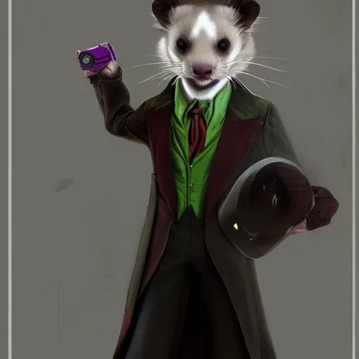 Prompt: A ferret is dressed up as the Joker from The Dark Knight, hyperdetailed, artstation, cgsociety, 8k