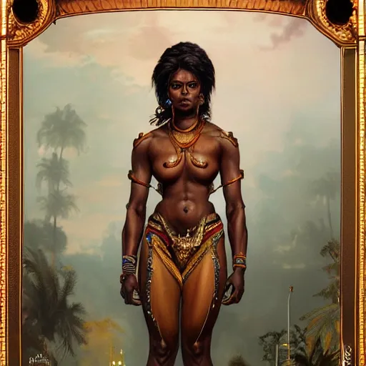 Image similar to full body painting of a black muscular south indian woman, sari, ultra realistic, concept art, intricate details, eerie, horror, highly detailed, photorealistic, octane render, 8 k, unreal engine. art by artgerm and greg rutkowski and alphonse mucha