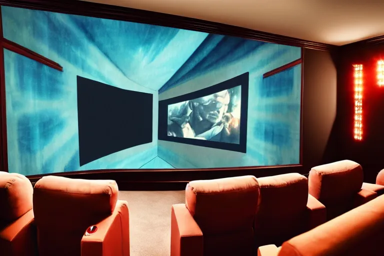 Image similar to very wide view of a modern home movie theater with giant projector screen!!, detailed art deco decoration!!, wall lights, plant, popcorn machine, watercolor painting trending on artstation