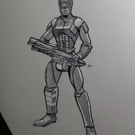 Image similar to industrial design sketch of an 1 9 8 0's kenner action figure. copic marker sketch. hand drawn.