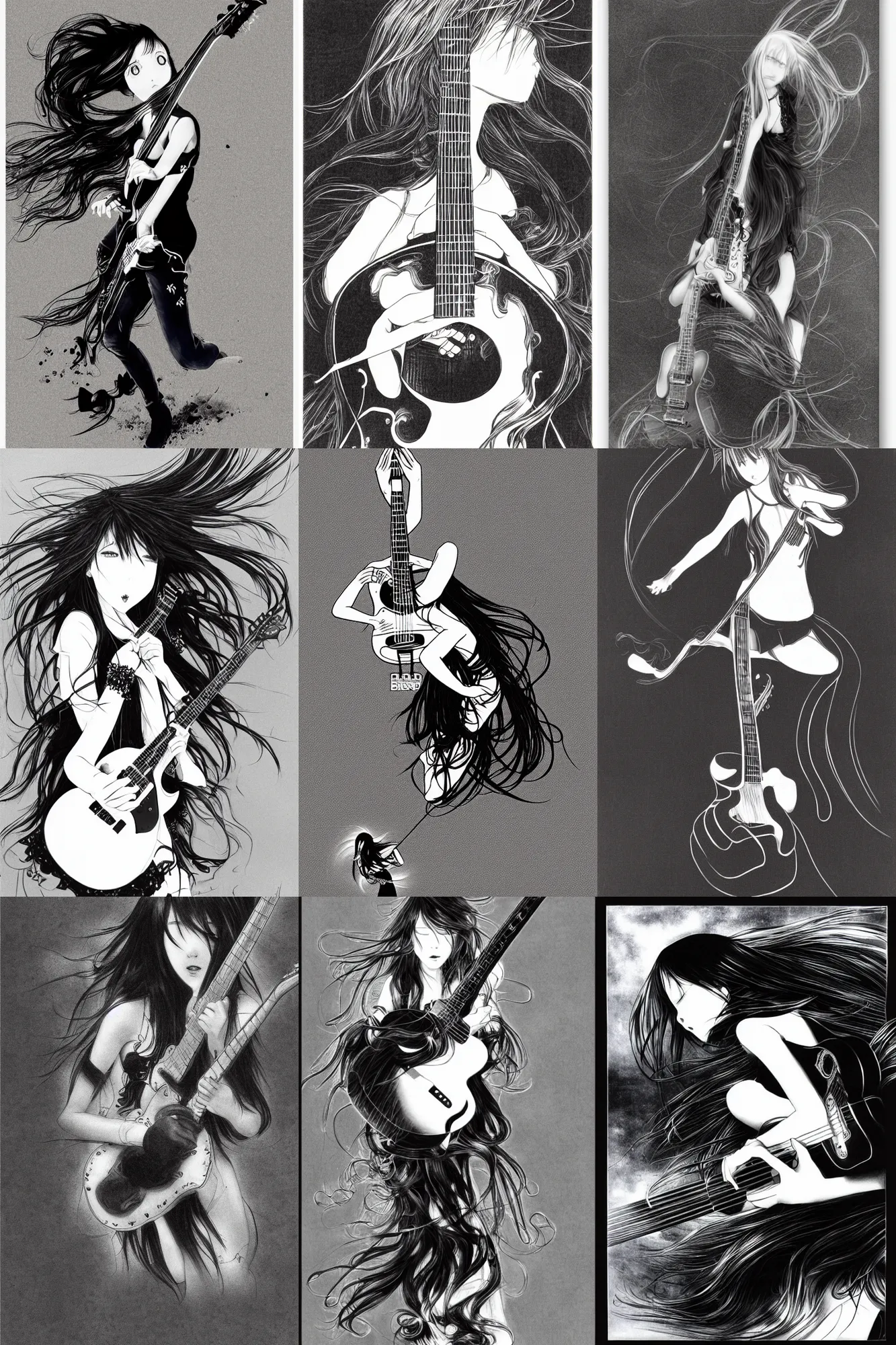 Prompt: girl hitting a guitar against the ground violently by Yoshitaka Amano, black and white, wavy long black hair, highly detailed