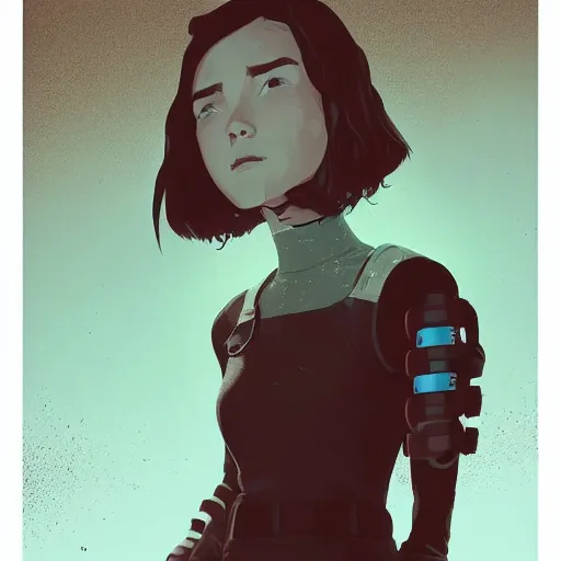 Image similar to Highly detailed portrait of a cyberpunk young lady with, freckles and wavy hair by Atey Ghailan, by Loish, by Bryan Lee O'Malley, by Cliff Chiang, by Goro Fujita, inspired by image comics, inspired by graphic novel cover art, inspired by nier!! Gradient color scheme ((grafitti tag brick wall background)), trending on artstation