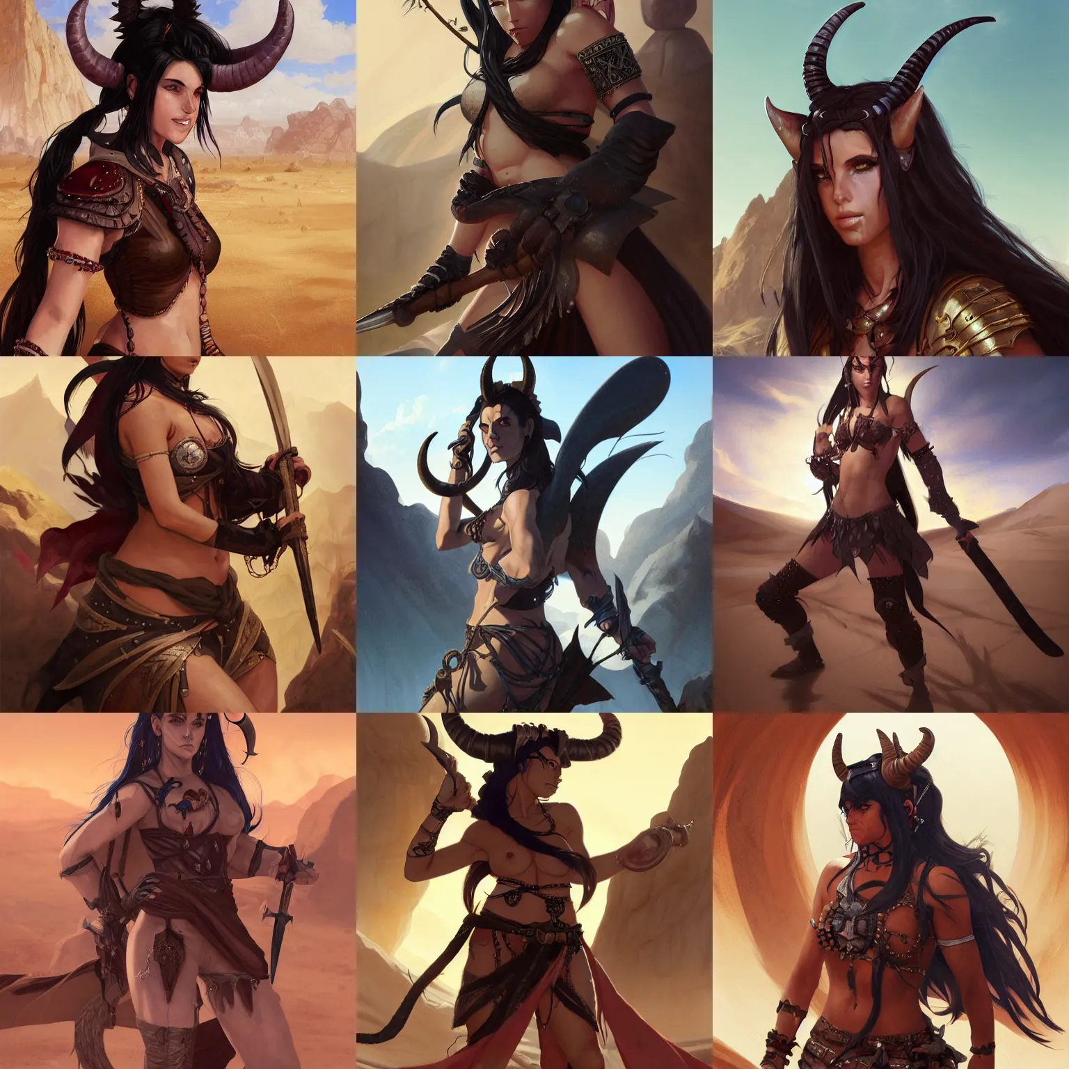 Prompt: portrait of a strong fierce female berber tiefling barbarian with devil horns and black hair in a ponytail in a desert, fantasy, seinen, highly detailed, digital painting, pixiv, concept art, character art, art by greg rutkowski, tyler jacobson, alphonse mucha, ross tran and makoto shinkai