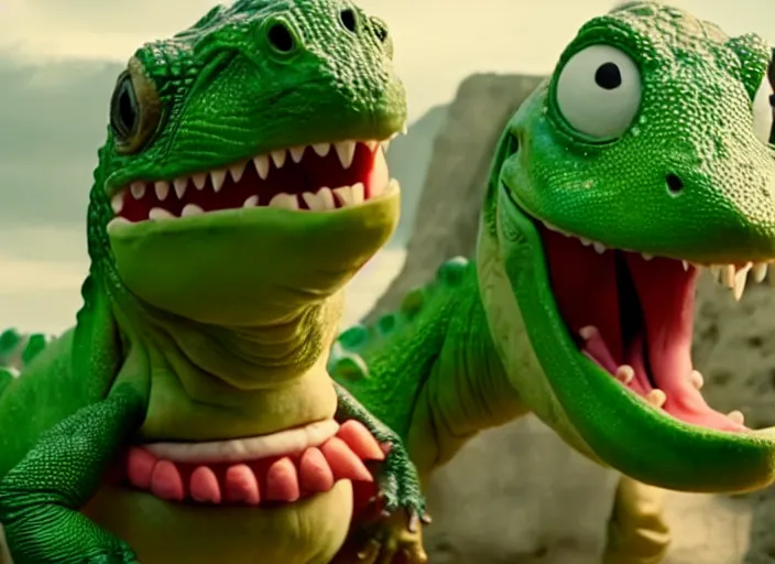 Image similar to film still of yoshi in the new sci - fi movie, cute upright dinosaur with a small turtle shell and long tongue, 8 k