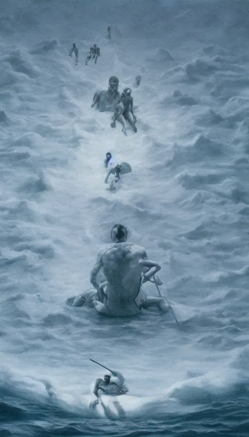 Image similar to man on boat crossing a body of water in hell with creatures in the water, sea of souls, by gottfried helnwein