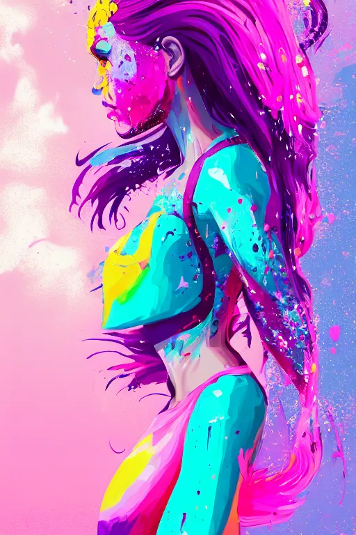 Image similar to a award winning half body portrait of a beautiful woman in a croptop and cargo pants with ombre purple pink teal hairstyle with head in motion and hair flying, paint splashes, splatter, outrun, vaporware, shaded flat illustration, digital art, trending on artstation, highly detailed, fine detail, intricate