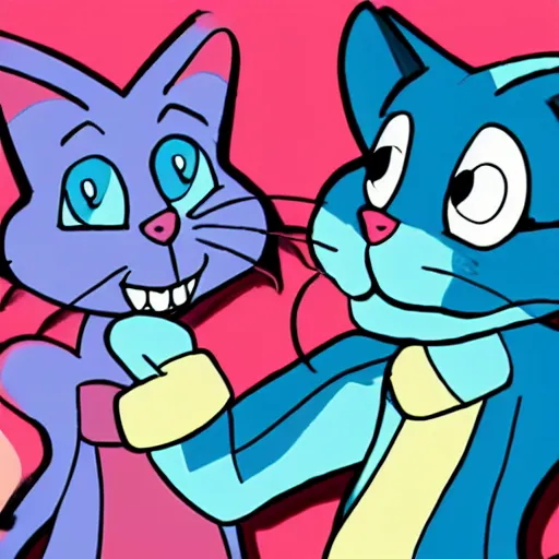 Prompt: a pair of blue cat characters in the style of 9 0 s nickelodeon cartoons, on an interesting adventure