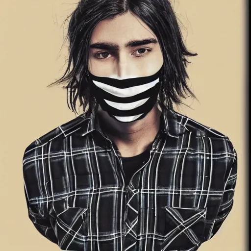 Image similar to professional pencil sketch of a young adult man with slightly long hair wearing a black face mask a black flannel shirt and black sweatpants, high quality, HD, 8K, highly detailed, award-winning