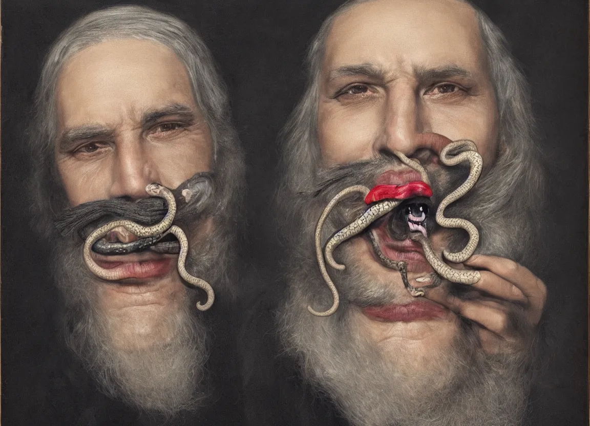 Image similar to Highly detailed portrait of a man with gray hair, a black eye patch, and a snake in his mouth