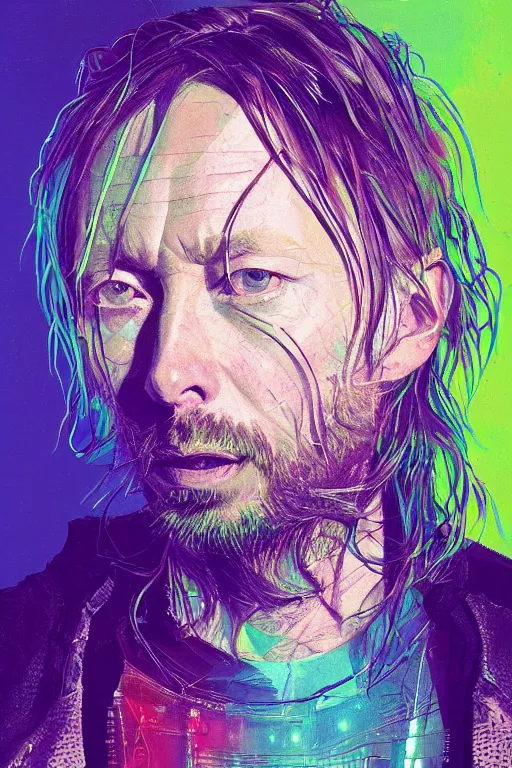 Image similar to A portrait of Thom Yorke as a cyberpunk, iridescent highlights, background of digital greebles, highly detailed, intricate, soft, sci-fi, sharp focus, glowing lines, art by Ruan Jia