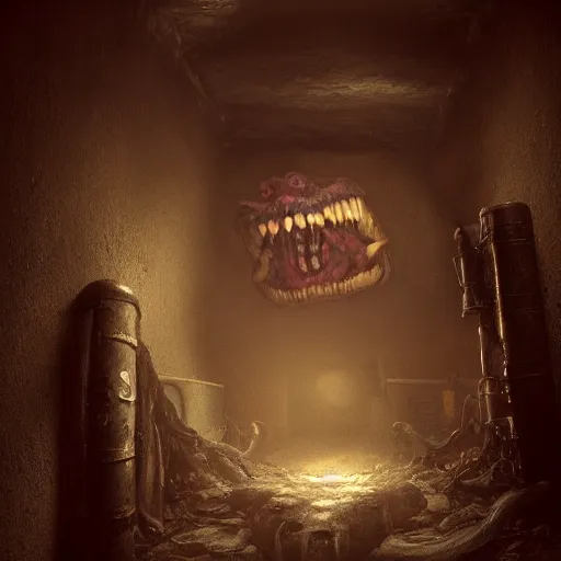 Image similar to creepy monster lurking in a dingy basement, highly detailed, epic lighting, hyper photorealism, low angle, trending on artstation 8 k