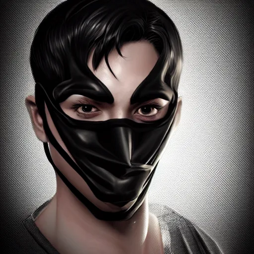 Image similar to man wearing black fabric mask, highly detailed face, character art portrait, deviantart artstation, by artgerm