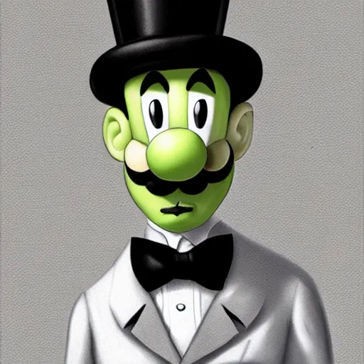 Image similar to luigi wearing a top hat, painted by wlop, artgerm