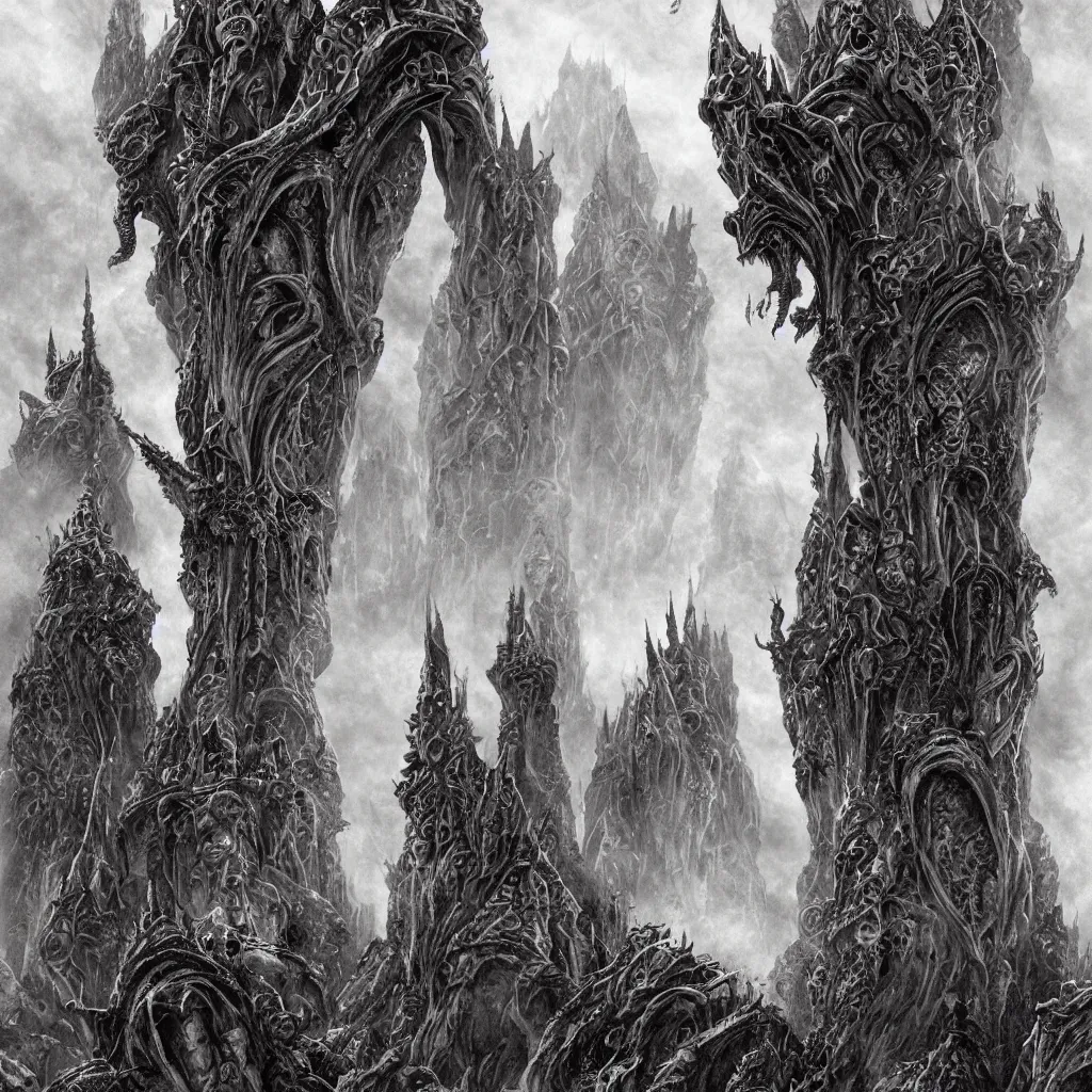 Image similar to dark alien castles, grotesque symmetrical towers and demonic tentacle dragon altars in the mountains of antarctica, upward cinematic angle, by rodney matthews, michael kaluta, stephen gammell and bill sienkiewicz, fantasy art, intense atmosphere, striking composition, ghost faces, monster statues, intricate, strange, ornate, digital art, hyperdetailed, colorful hyperrealism, photorealism, 8k