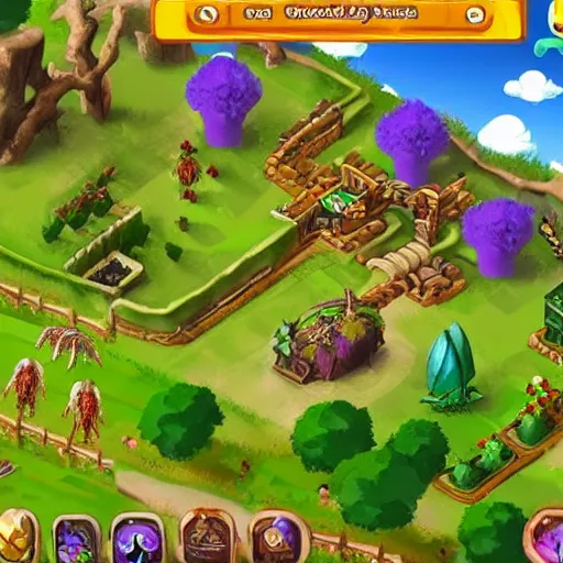 Prompt: concept of a farming mobile game with fantasy style, clash of clan style, colorful, relax, in the country side