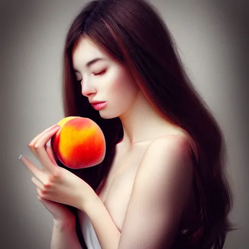 Image similar to Beautiful woman holding a peach, detailed digital art by WLOP and Artgerm