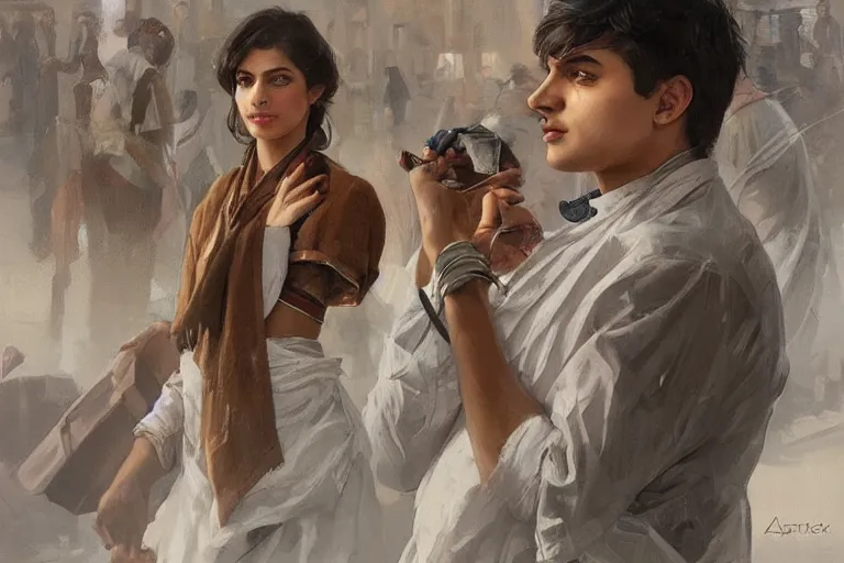 Image similar to Anxious good looking pale young Indian doctors wearing American clothes at the airport, portrait, elegant, intricate, digital painting, artstation, concept art, smooth, sharp focus, illustration, art by artgerm and greg rutkowski and alphonse mucha