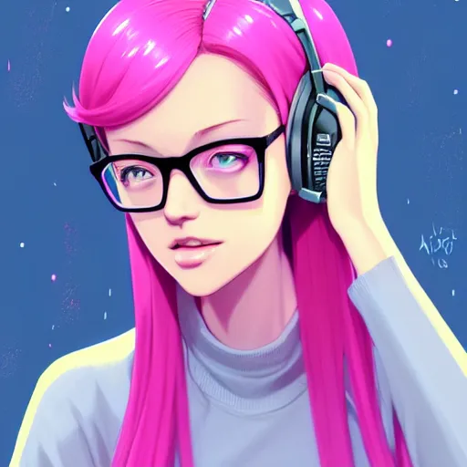 Prompt: beautiful girl with pink hair and glasses, working on her laptop, listening to music, night time, sharp focus, intricate, digital painting, artstation, official media, anime key visual, highly detailed, rich vivid colors ambient lighting, illustration, art by Artgerm, Makoto Shinkai, Ilya Kuvshinov, Lois Van Baarle and Rossdraws