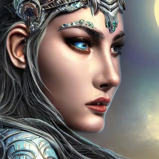 Image similar to highly detailed close up portrait of Artemis, goddess of the hunt and the moon, digital art, concept art, character art, studio lightning, bright colors, intricate, masterpiece, photorealistic, hiperrealistic, sharp focus, high contrast, Artstation HQ, DeviantArt trending, 4k UHD, Unreal Engine 5