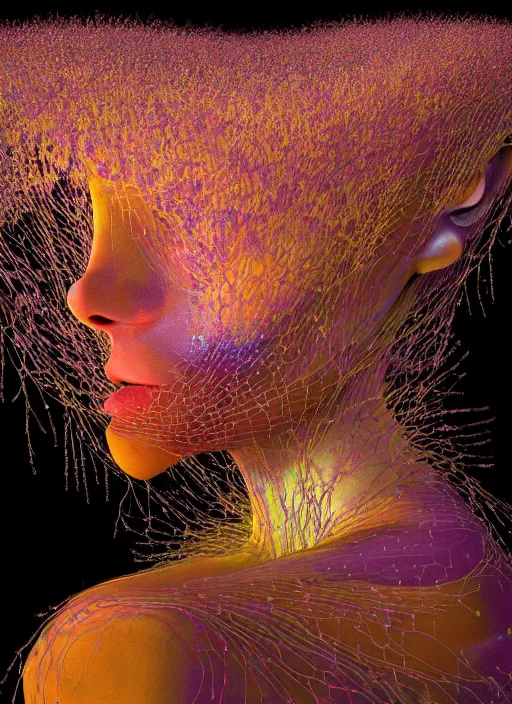 Prompt: hyper detailed 3d render like a Oil painting - Aurora (Singer) Eats of the Strangling Fruit and Her delicate Hands present the gossamer thin polyp celium blossoms bring iridescent fungal flowers whose spores black the foolish stars by Jacek Yerka, Mariusz Lewandowski, Houdini algorithmic generative render, Abstract brush strokes, Masterpiece, Edward Hopper and James Gilleard, Zdzislaw Beksinski, Mark Ryden, Wolfgang Lettl, hints of Yayoi Kasuma, octane render, unreal engine 5 render, 8k