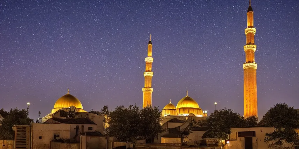 Image similar to stary night, mosque, tower, house, city