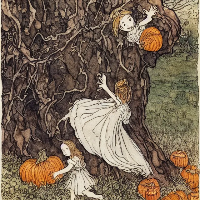 Image similar to a detailed, intricate watercolor and ink illustration with fine lines, of a young girl in a dress climbing a gnarled tree in a pumpkin patch, by arthur rackham and edmund dulac