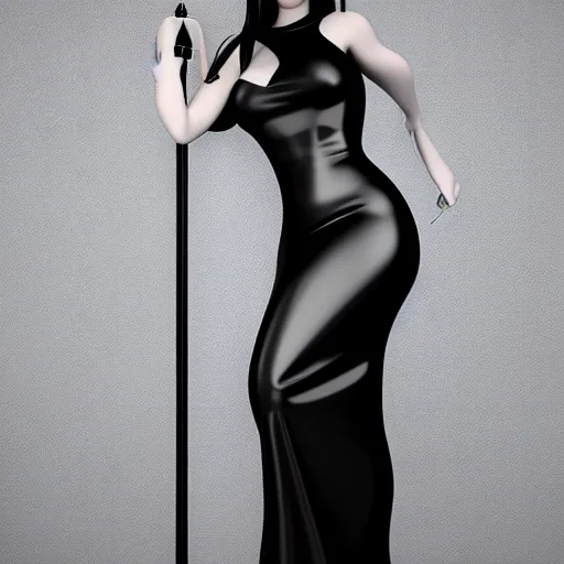 Image similar to curvy feminine goth hottie in a sublime elegant polished black-silver latex neck-high or tube-top floor length gown, thin waist, cgsociety, photorealistic, comfy ambience, idealistic, 16k, smooth, sharp focus, trending on ArtStation, volumetric lighting