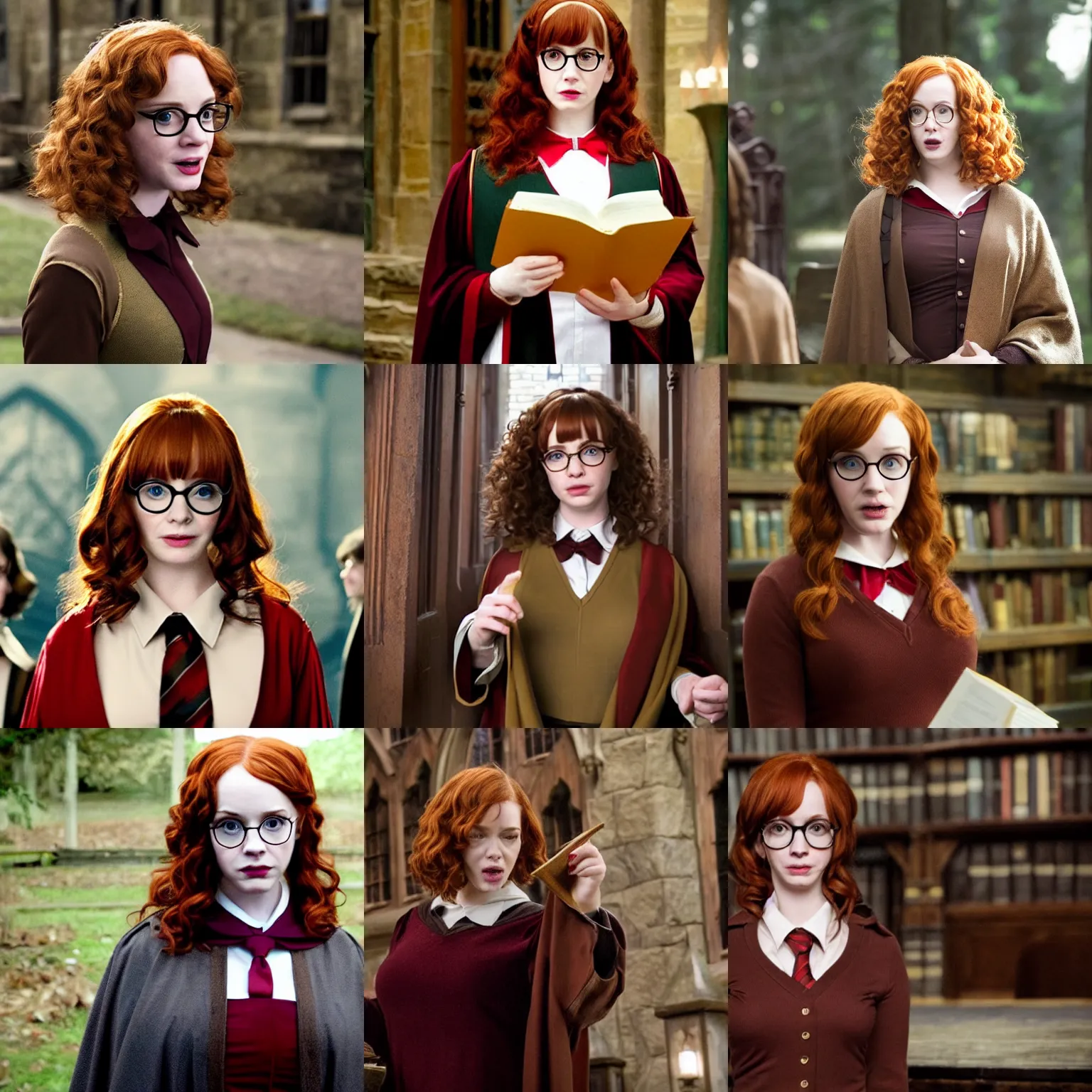Prompt: a beautiful surprised shocked christina hendricks dressed as a hogwarts student, hogwarts uniform with brown hair and round glasses, harry potter film still from the movie directed by denis villeneuve, wide shot