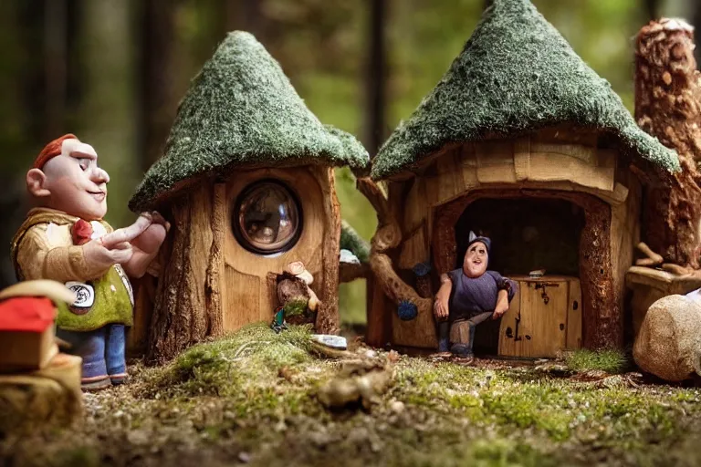 Image similar to movie scene portrait closeup, real life team of chubby elves gnome people building a tiny house in the forest natural lighting by emmanuel lubezki