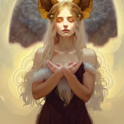 Image similar to Portrait of a girl angel with cream colored fuzzy frizzy hair, cat ears, glowing halo, wings, fantasy, intricate, elegant, highly detailed, digital painting, artstation, concept art, smooth, sharp focus, illustration, art by Krenz Cushart and Artem Demura and alphonse mucha