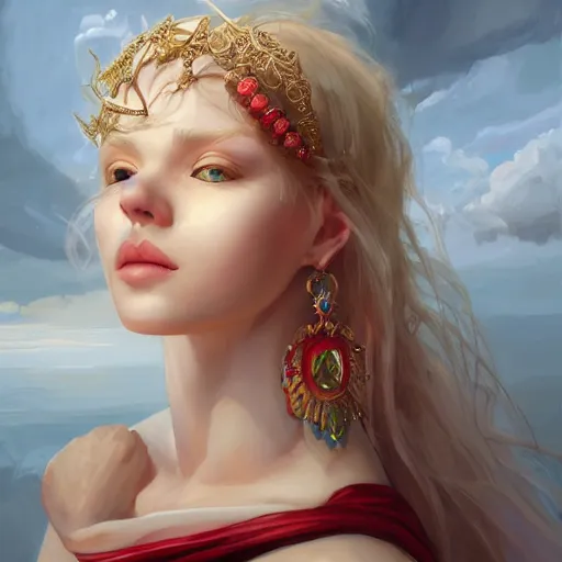 Image similar to A masterpiece portrait of a A albino Greece girl with large nose ring piercings and ruby in her forehead. Goddess of love. trending on artstation, digital art, by Stanley Artgerm Lau, WLOP, Rossdraws, James Jean, Andrei Riabovitchev, Marc Simonetti, Yoshitaka Amano