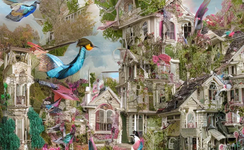 Image similar to hyperdetailed house, seen from the distance. maximalist paper birds flying. with unexpected interesting elaborate fabric elements. 8 x 1 6 k hd mixed media 3 d collage in the style of a childrenbook illustration in soft natural tones. matte background no frame hd