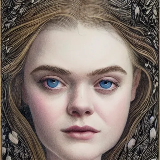 Prompt: professional painting of Elle Fanning in the style of Rebecca Guay, head and shoulders portrait, symmetrical facial features, smooth, sharp focus, illustration, intricate, stormy weather, extremely detailed masterpiece,