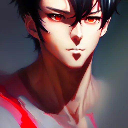 Image similar to anime portrait of a slick black hair guy with red eyes by stanley artgerm lau, wlop, rossdraws, james jean, andrei riabovitchev, marc simonetti, and sakimichan, trending on artstation