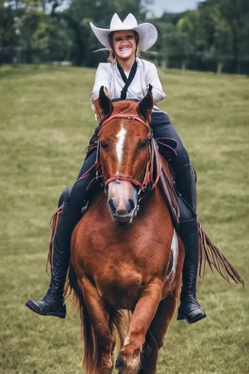 Prompt: woman riding a horse, the horse looks like a man