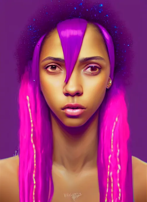 Image similar to portrait of teenage vanessa morgan with bright pink hair, black girl, curly pixie cut hair, wearing a purple breton cap, breton cap, hoop earrings, intricate, elegant, glowing lights, highly detailed, digital painting, artstation, concept art, smooth, sharp focus, illustration, art by wlop, mars ravelo and greg rutkowski