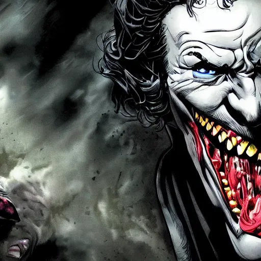 Image similar to batman inside the joker's mouth holding it open, high detail, high resolution, intense