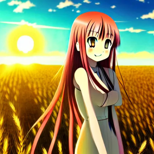 Image similar to anime illustration of Holo from Spice and Wolf standing in a wheat field at sunset, Holo is a wolf girl, high detail, trending on pixiv