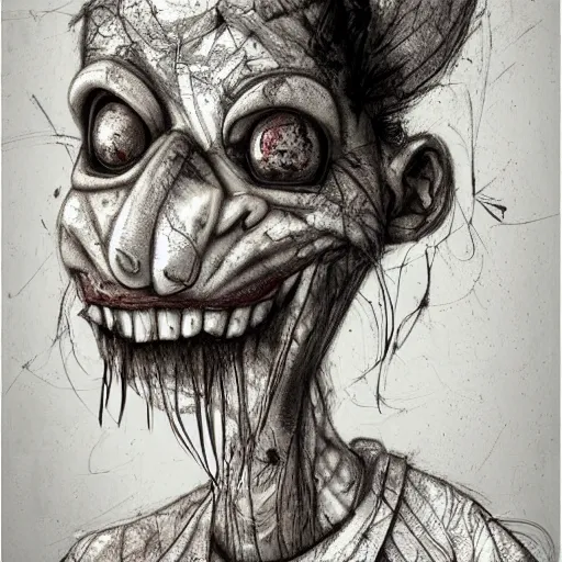 Image similar to grunge cartoon sketch of a human mixed with a chicken with a wide smile by - michael karcz, loony toons style, horror theme, detailed, elegant, intricate
