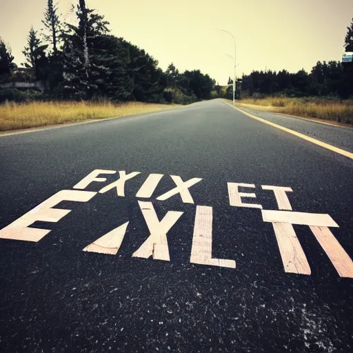 Prompt: Wooden sign in the middle of road that says “EXIT”,