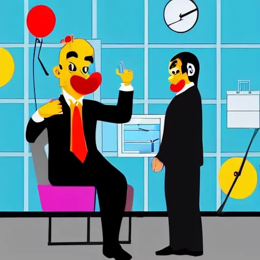 Image similar to Sad clowns are forced to listen to a boring man in a suit, during a business corporate meeting, in an office with charts. The clowns are crying. 8k digital art