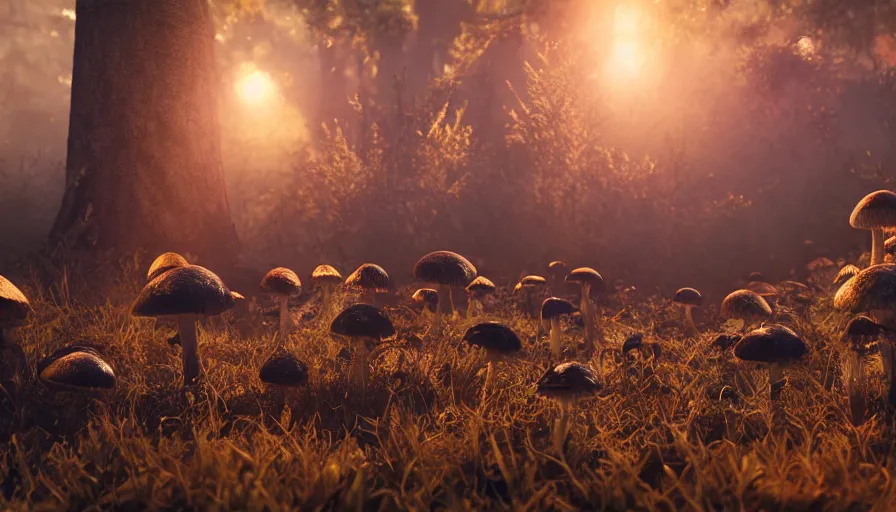 Image similar to hyper realistic highly detailed nature photography of mushroom infested skeleton zombies, prehistoric planet, volumetric lighting, octane render, 4 k resolution, golden hour