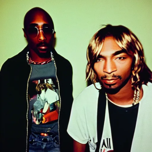 Prompt: Polaroid photograph of Kurt Cobain and Tupac Shakur, 90s, XF IQ4, 150MP, 50mm, F1.4, ISO 200, 1/160s, natural light, Adobe Lightroom, photolab, Affinity Photo, PhotoDirector 365,