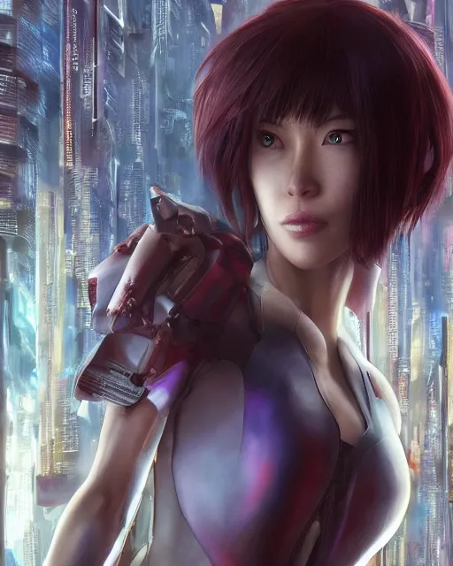 Image similar to weta disney pixar movie still portrait photo of motoko kusanagi ghost in the shell : : as cyborg woman by pixar : : by weta, wlop, ilya kuvshinov, rossdraws, artgerm, marvel, maxim cover, latex, octane render, sweaty, iridescent, bright morning, anime, liosh, mucha : :