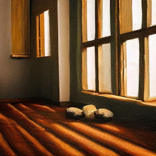 Image similar to oil painting of mostly empty cottage interior, one small window with sunlight shining onto the floor. artistic. cozy. wooden floor. rustic.