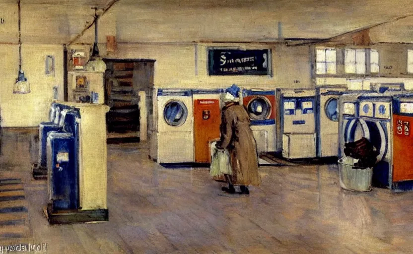 Prompt: interior of a modern laundromat, stanhope forbes, impressionist painting