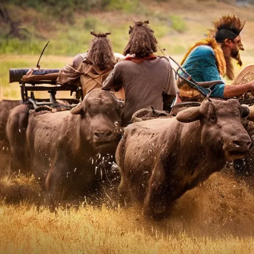 Prompt: ancient tribe hunting buffalo herd, ancient atv, chase scene, dynamic shot,