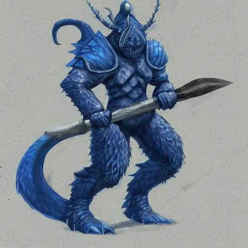 Image similar to fantasy concept art; portrait of a blue dragonborn wielding an axe; barbarian clothing; detailed sketch