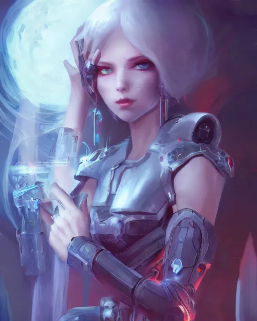 Image similar to holy cyborg necromancer girl, elegant, scifi, futuristic, utopia, garden, illustration, atmosphere, top lighting, blue eyes, white hair, beautiful, artstation, highly detailed, art by yuhong ding and chengwei pan and serafleur and ina wong